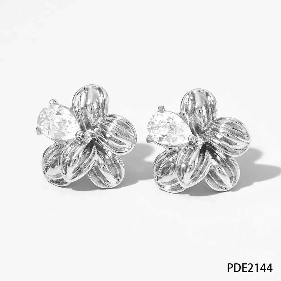 Flower Zircon 16K Earrings [304 Stainless Steel,16K Gold Plated]