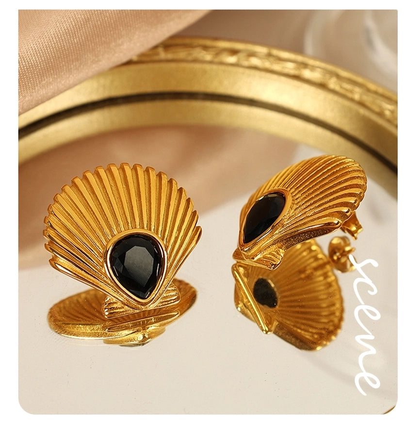 Scallop Zircon Earrings [304 Stainless Steel,18K Gold Plated]