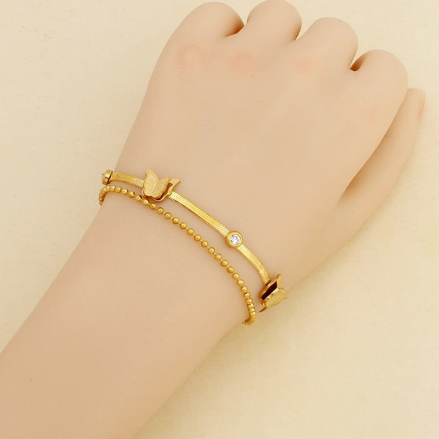 Double Chain Butterfly Zircon Bracelet [304 Stainless Steel,18K Gold Plated]