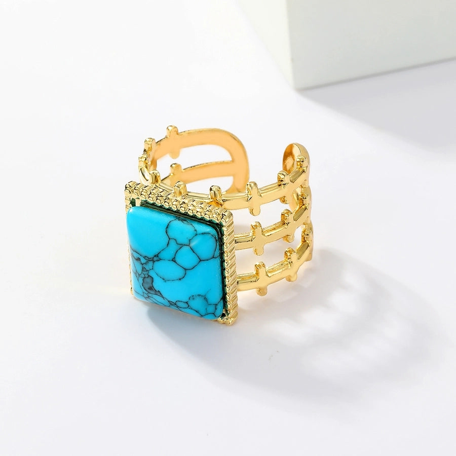 Round Square Turquoise Open Ring [201 Stainless Steel, 18K Gold Plated]