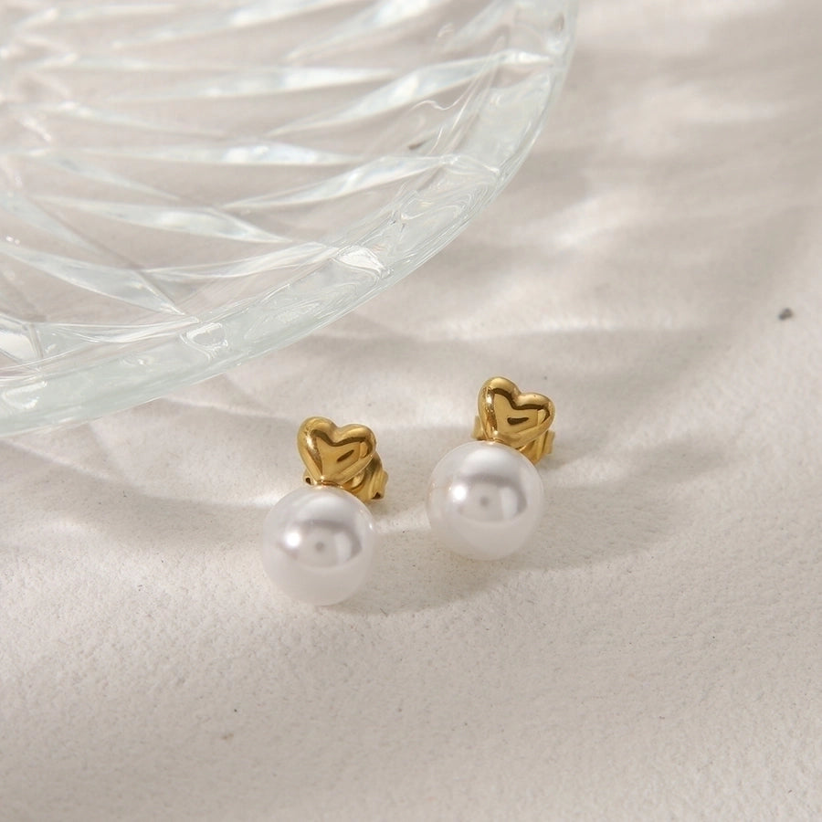 Heart Shape Artificial Pearls Earrings [304 Stainless Steel,14K Gold Plated]