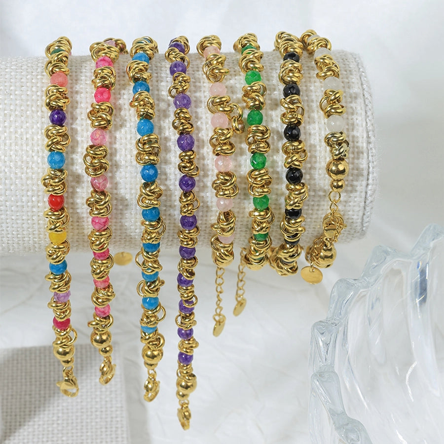 Round Beaded Bracelets [304 Stainless Steel,14K Gold Plated]