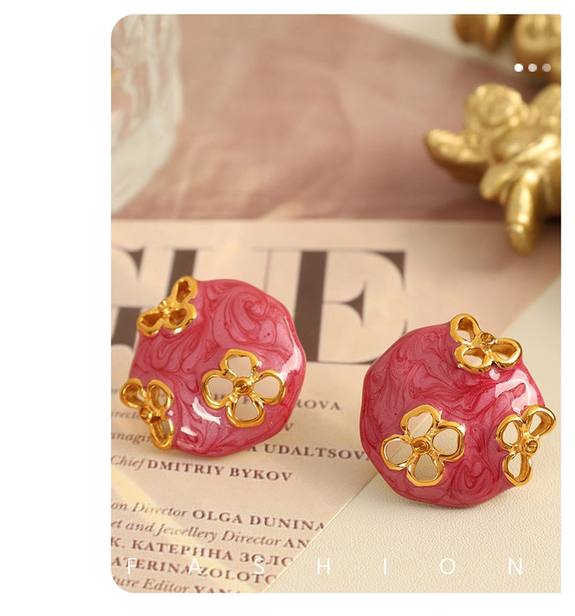 French Style Flower Resin Earrings [304 Stainless Steel,18K Gold Plated]