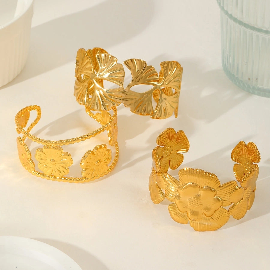 Artistic Flower Ginkgo Leaf  Bangle Bracelet  [304 Stainless Steel,18K Gold Plated]