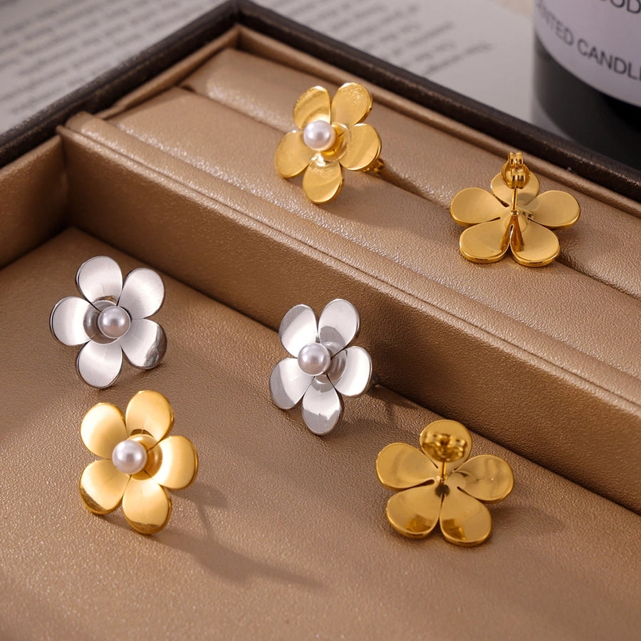 Round Flower Artificial Pearls Earrings [304 Stainless Steel,18K Gold Plated]