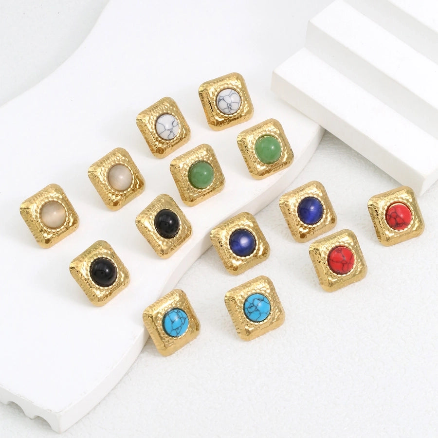 Square Natural Stone Ear Studs [304 Stainless Steel,18K Gold Plated]