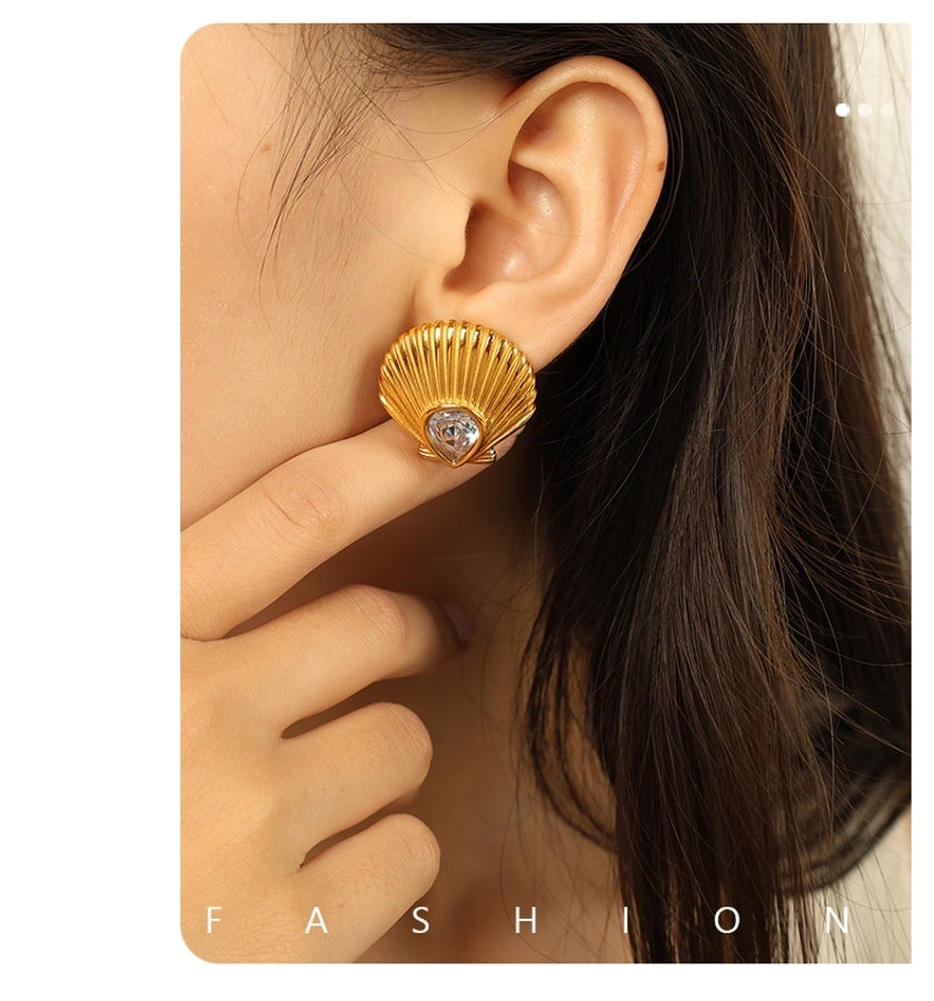 Scallop Zircon Earrings [304 Stainless Steel,18K Gold Plated]