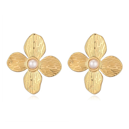 Exaggerated Flower Pearl Ear Studs [304 Stainless Steel]