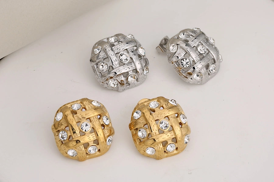 Luxurious Square Grid Rhinestone Earrings [304 Stainless Steel,18K Gold Plated]