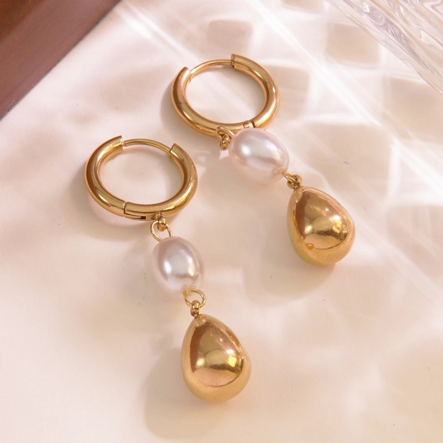 Pearl Teardrop Drop Earrings [304 Stainless Steel,18K Gold Plated]