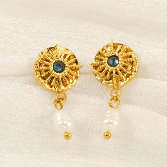 Round Astrolabe Artificial Pearls Earrings [304 Stainless Steel,18K Gold Plated]