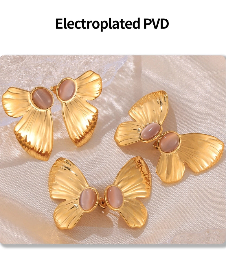 Pink Stone Oval Wings Butterfly Earrings [304 Stainless Steel,18K Gold Plated]