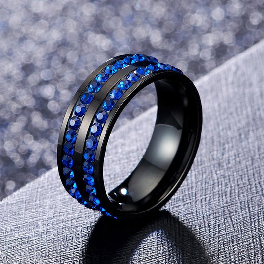 Blue Red Rhinestones Band Ring[304 Stainless Steel 18K Gold Plated]