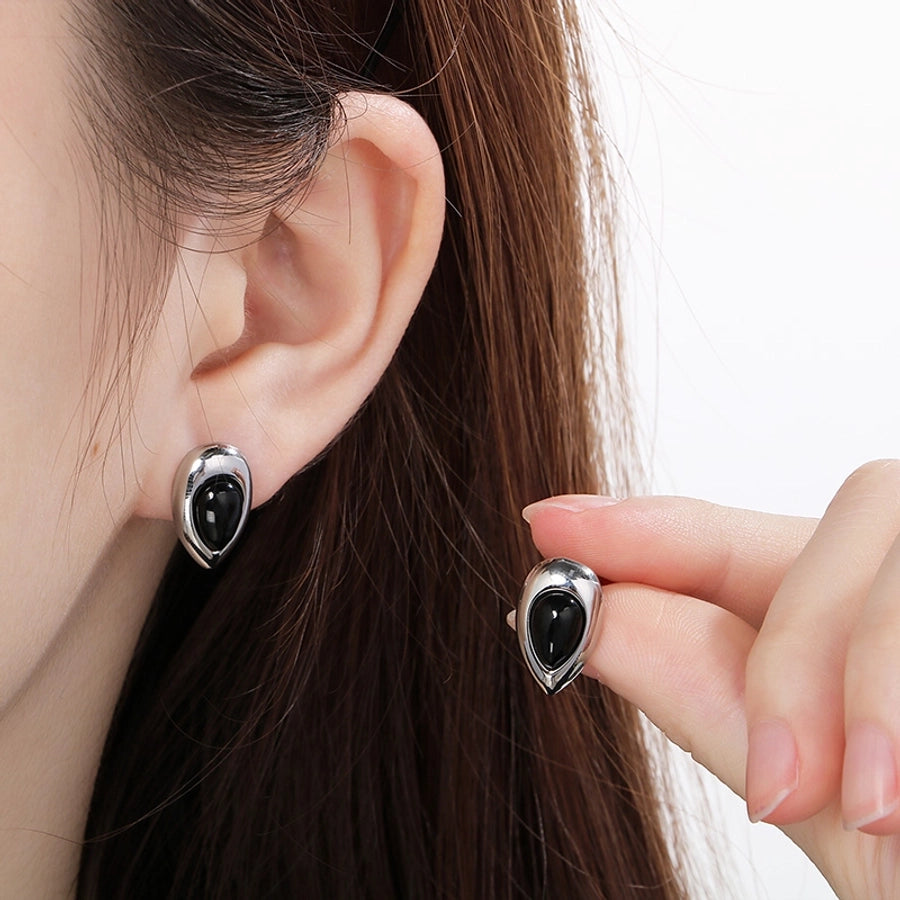 Black Stone Water Droplets Earrings [304 Stainless Steel, 18K Gold Plated]