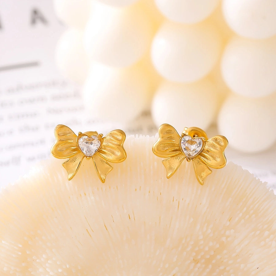 Heart Shape Bow Knot Zircon Ear Studs [304 Stainless Steel,18K Gold Plated]