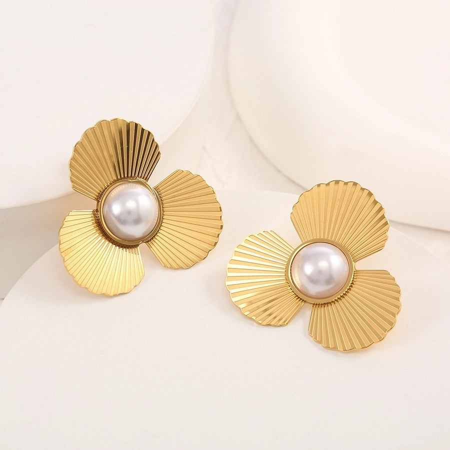 Flower Artificial Pearls Earrings [304 Stainless Steel,18K Gold Plated]