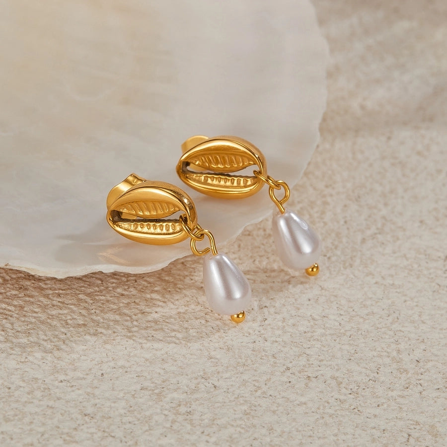 Shell mitation Pearl Drop Earrings [304 Stainless Steel,18K Gold Plated]