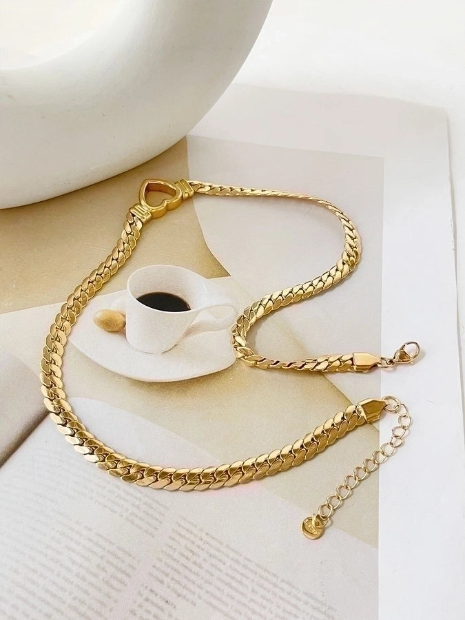 Hollow Heart Choker Necklace [304 Stainless Steel,18K Gold Plated]