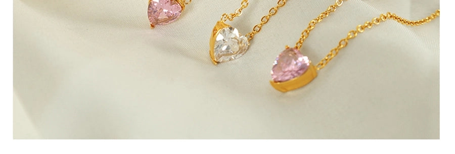 Pink White Zircon Heart Earrings/Necklace [304 Stainless Steel, 18K Gold Plated]