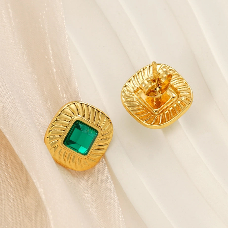 Square Green Glass Stone Earrings [304 Stainless Steel,18K Gold Plated]