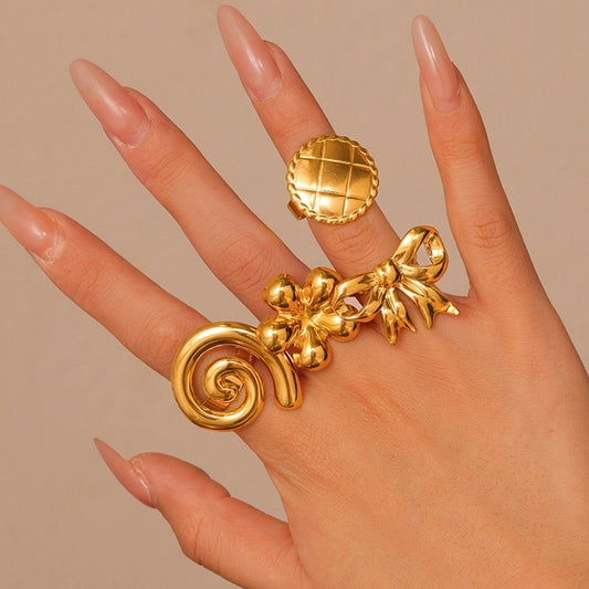 Glossy Spiral Bow Chessboard Lattice Flower Adjustable Open Ring [Stainless Steel, 18K Gold Plated]