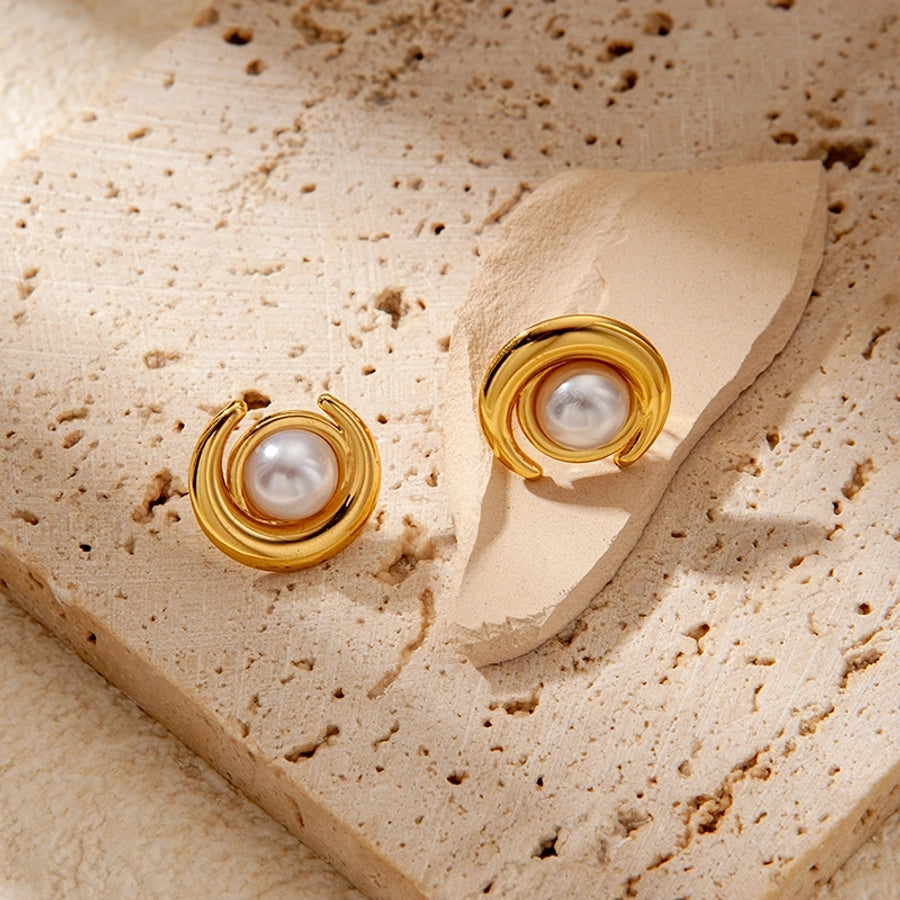 Moon Pearl Earrings [304 Stainless Steel,14K Gold Plated]