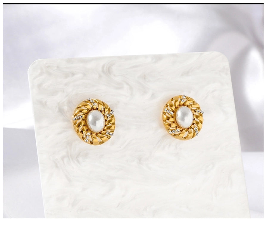 Oval Artificial Pearls Earrings [304 Stainless Steel,18K Gold Plated]