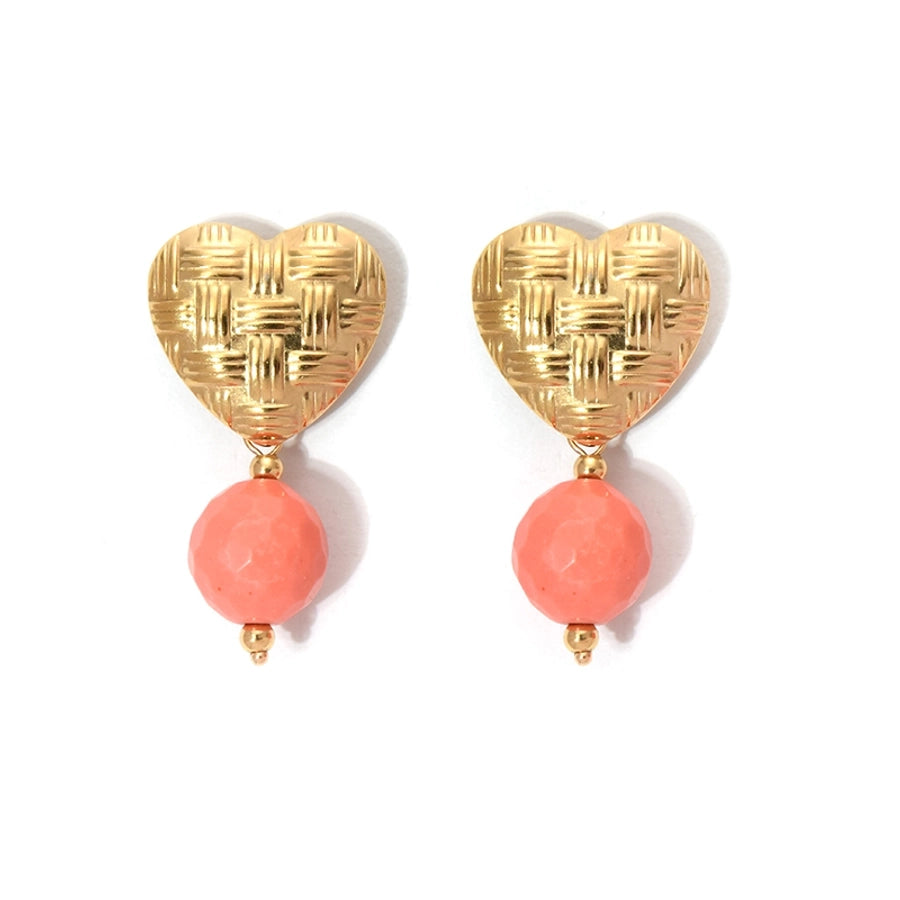 Round Beaded Heart Earrings [304 Stainless Steel, 14K Gold Plated]