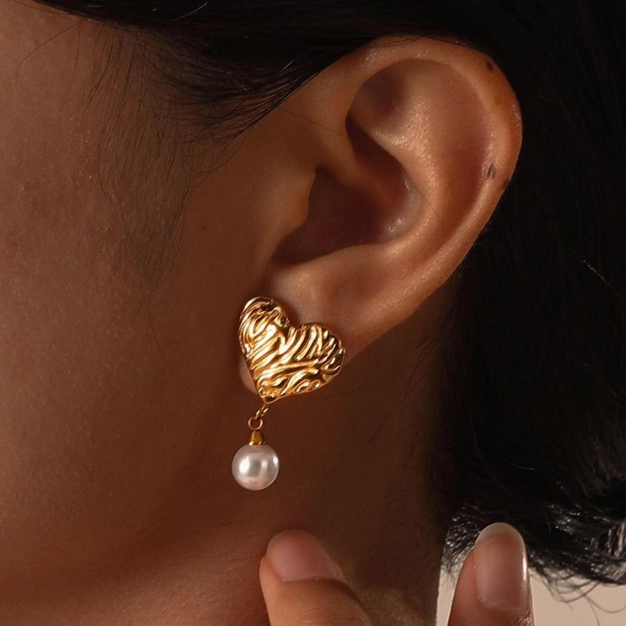 Heart Shape Artificial Pearls Earrings [201 Stainless Steel,18K Gold Plated]