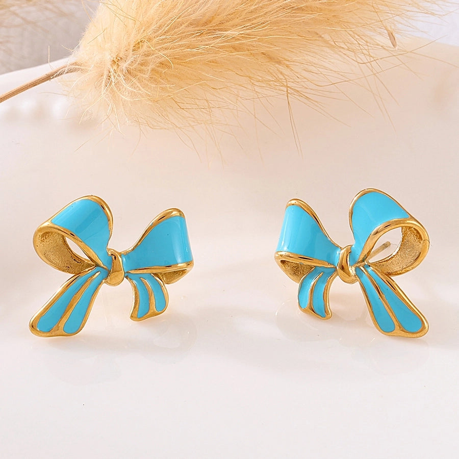 Color Preppy Style Bow Knot Enamel Earrings [304 Stainless Steel,18K Gold Plated]