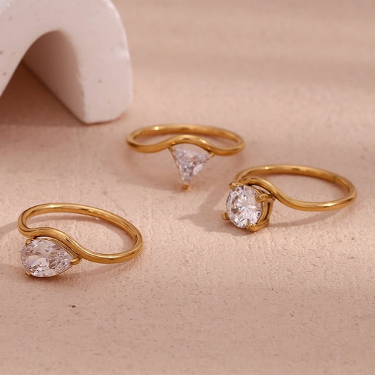 Triangle Round Water Droplets Zircon Ring [304 Stainless Steel, 18K Gold Plated]