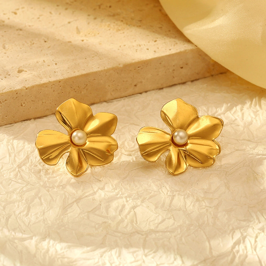 Flower Imitation Pearl Earrings [304 Stainless Steel,18K Gold Plated]