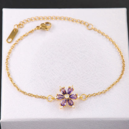 Shiny Flower Zircon Bracelet [304 Stainless Steel,18K Gold Plated,Copper]