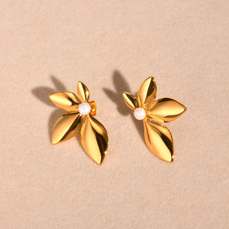 Leaf Plating Artificial Pearls Earrings [304 Stainless Steel,18K Gold Plated]