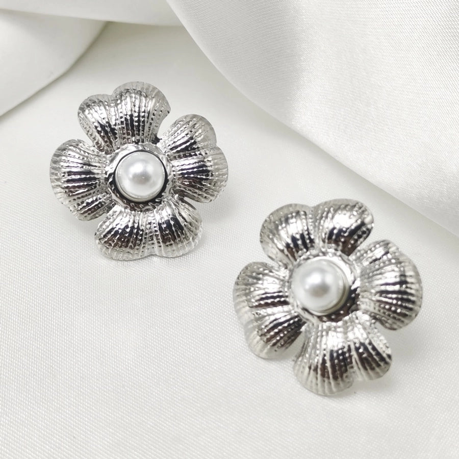 Flower Artificial Pearls Earrings [304 Stainless Steel,18K Gold Plated]