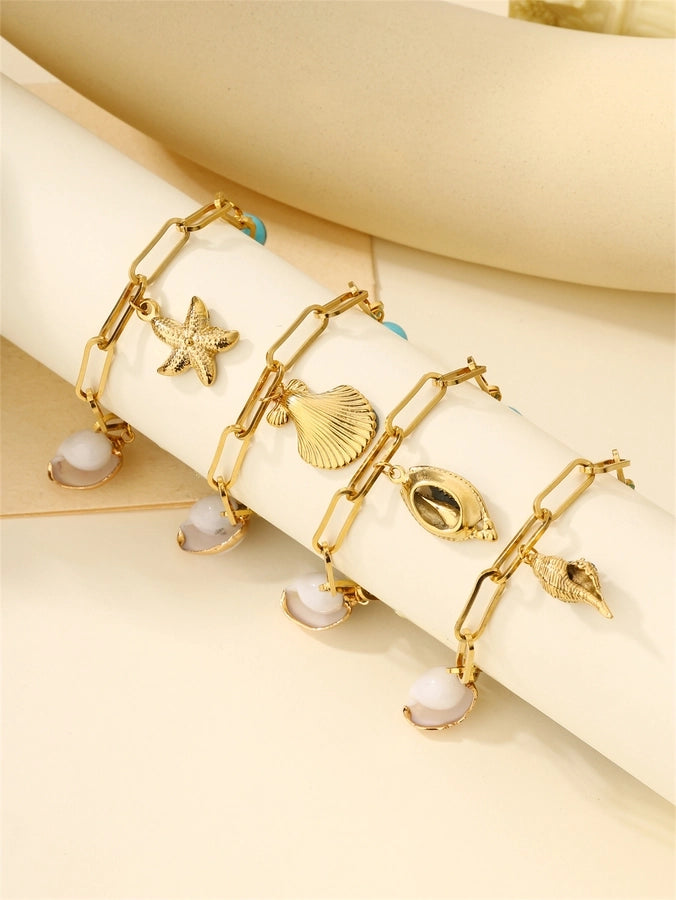 Beach Shell Starfish Chain Bracelets [304 Stainless Stee,18K Gold Plated]