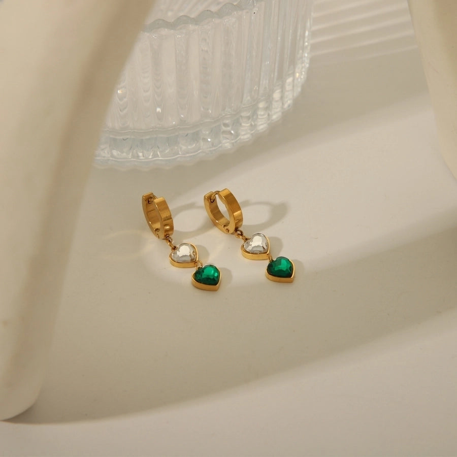 Green Heart Shape Drop Earrings [304 Stainless Steel,18K Gold Plated]