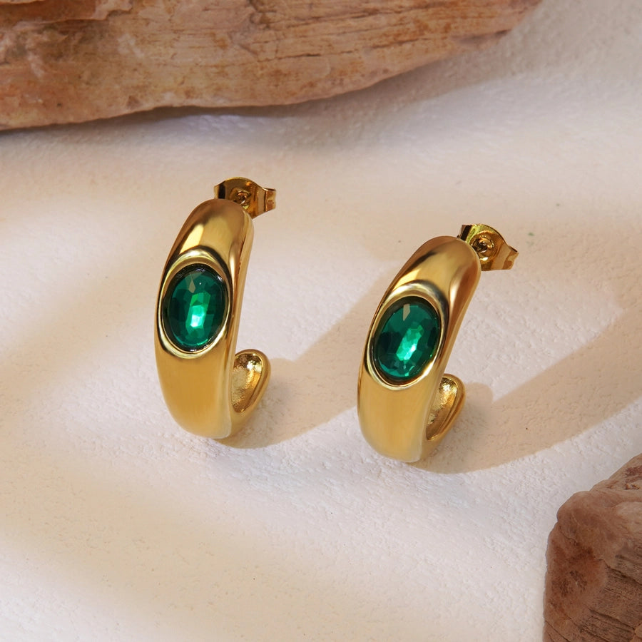 Green Stone Earrings [304 Stainless Steel,18K Gold Plated]