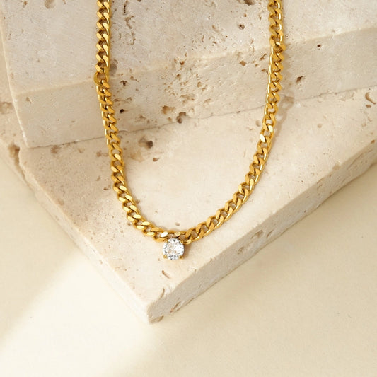 Round Rhinestone Chain Necklace [304 Stainless Steel,14K Gold Plated]