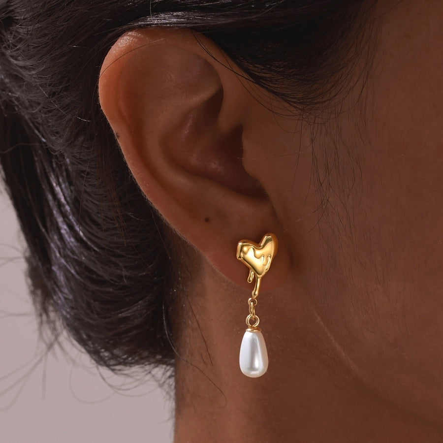 Water Droplets Heart Shape Earrings [304 Stainless Steel,18K Gold Plated]