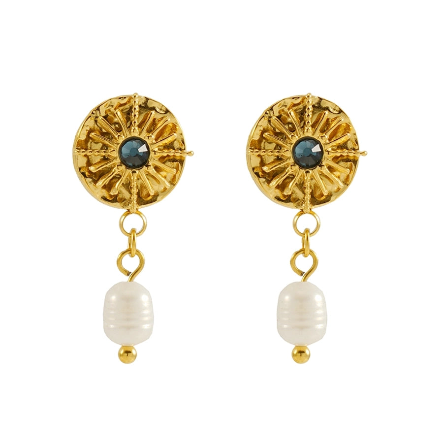 Round Astrolabe Artificial Pearls Earrings [304 Stainless Steel,18K Gold Plated]