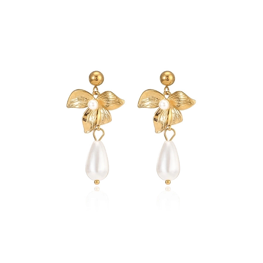 Flower Artificial Pearls Drop Earrings [304 Stainless Steel,18K Gold Plated]