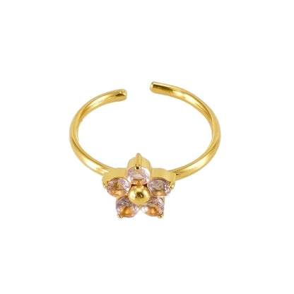 Anel de zircão de flor de coração quadrado [304 aço inoxidável 18K Bated Gold]