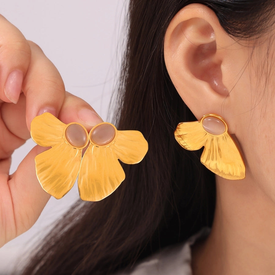 Pink Stone Oval Wings Butterfly Earrings [304 Stainless Steel,18K Gold Plated]