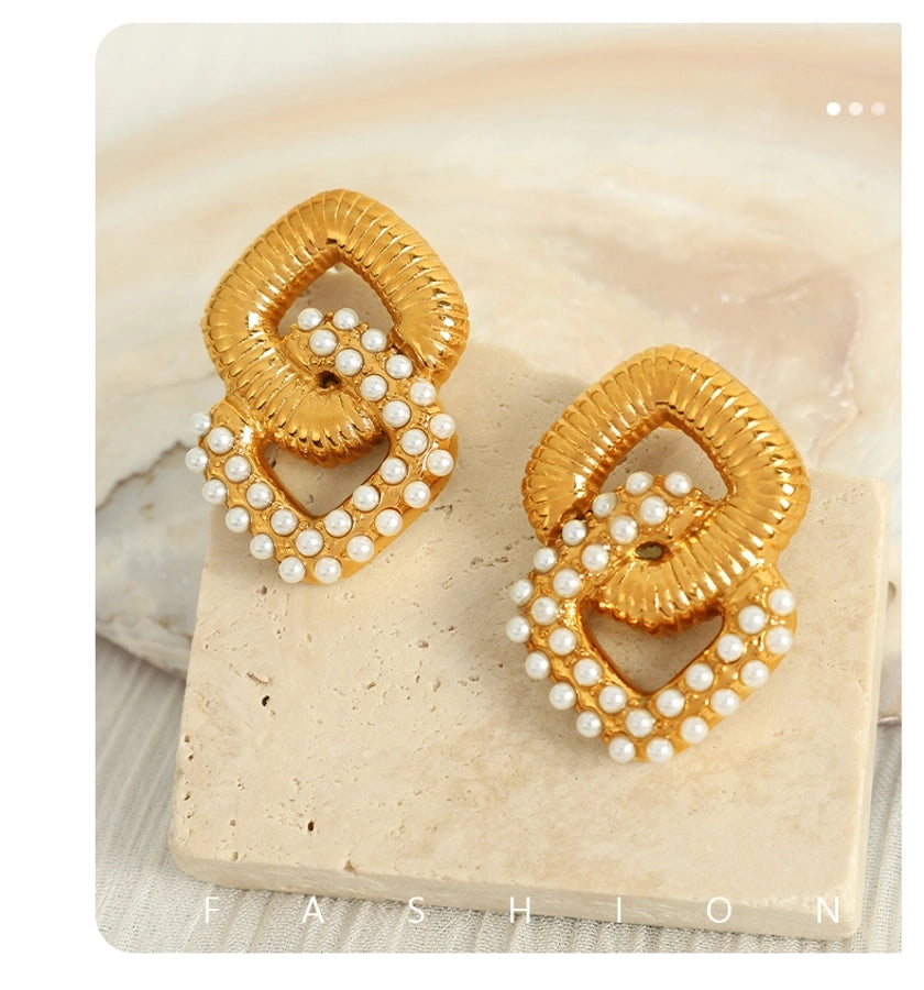 Geometric Round Square Artificial Pearls Rhinestones Earrings [304 Stainless Steel,18K Gold Plated]