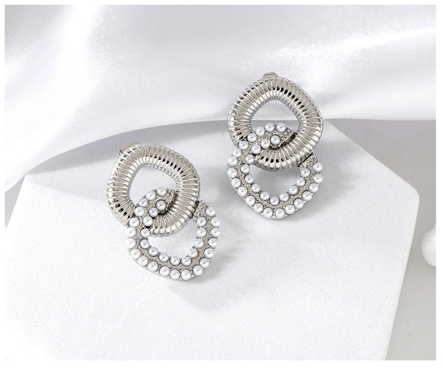 Vintage Style Double Ring Artificial Pearls Earrings [304 Stainless Steel,18K Gold Plated]