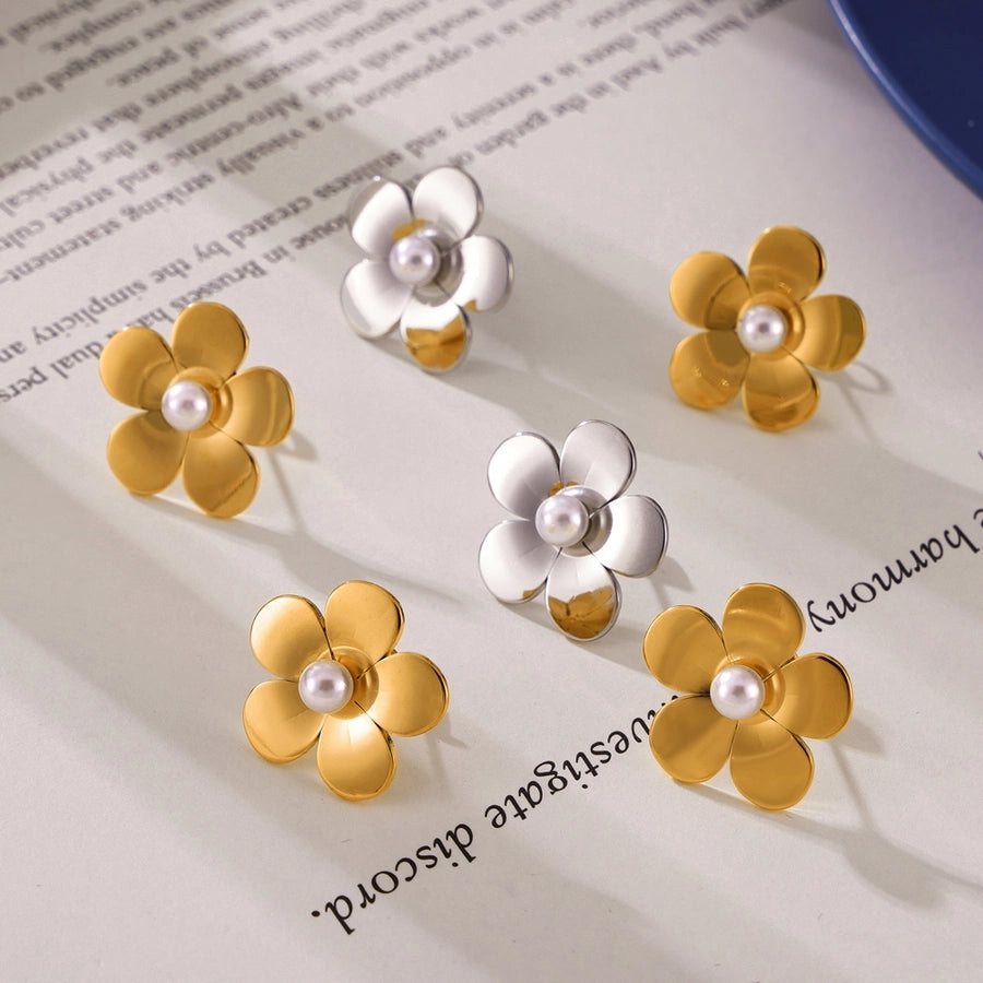 Round Flower Artificial Pearls Earrings [304 Stainless Steel,18K Gold Plated]