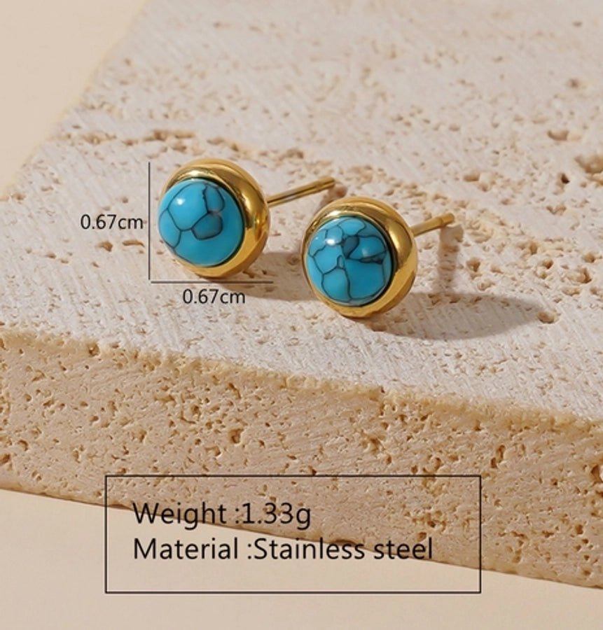 Retro Round Plastic Turquoise Jewelry Set [304 Stainless Steel, 18K Gold Plated]