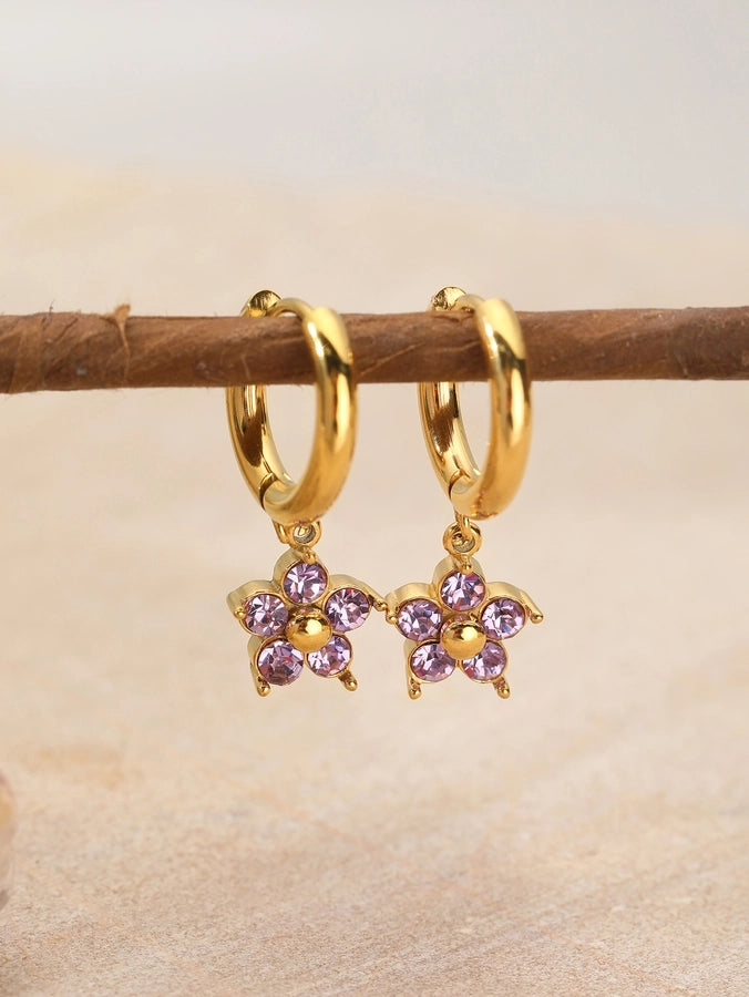 Flower Rhinestones Drop Earrings [304 Stainless Steel,18K Gold Plated]