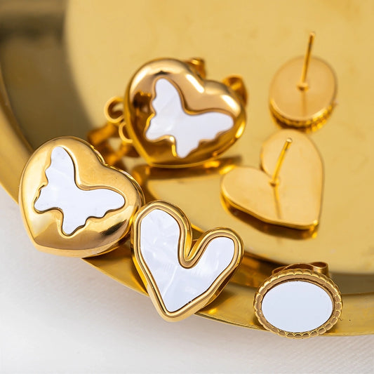 Round Heart Shape Butterfly Ear Studs [304 Stainless Steel]